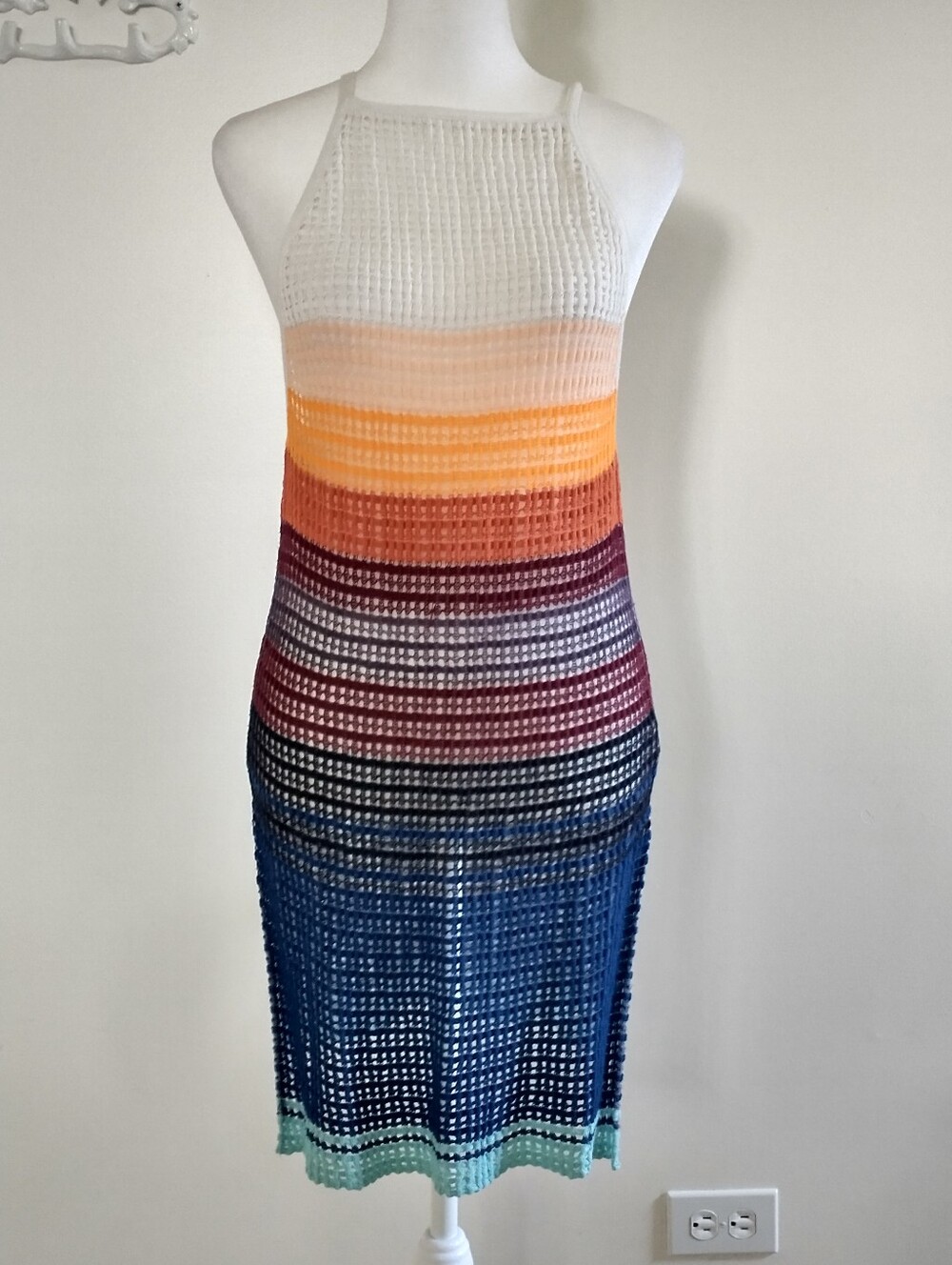 Free People Crochet Striped Halter Swim Cover Up Dress XS Boho Festival